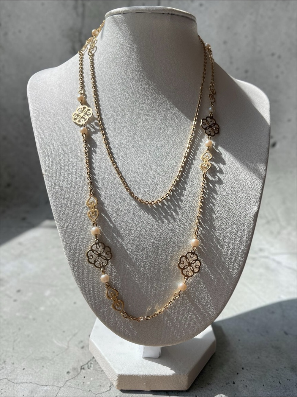 Gold Tone Filigree Faux Pearl Layered Necklace